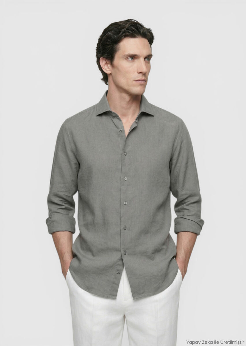 RAMSEY Antrasit Düz Casual Fit Dokuma Casual %100 Keten Gömlek