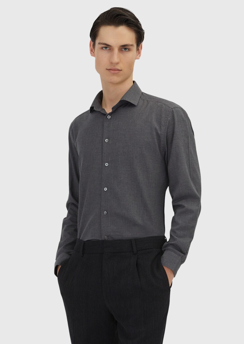 Antrasit Düz Casual Fit Uzun Dokuma Casual %100 Pamuk Gömlek - 1