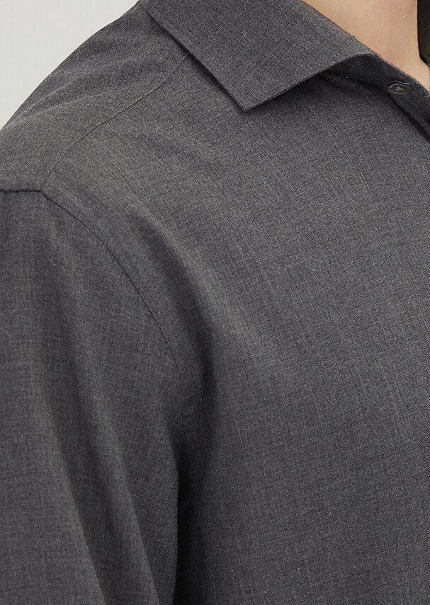 Antrasit Düz Casual Fit Uzun Dokuma Casual %100 Pamuk Gömlek - 3