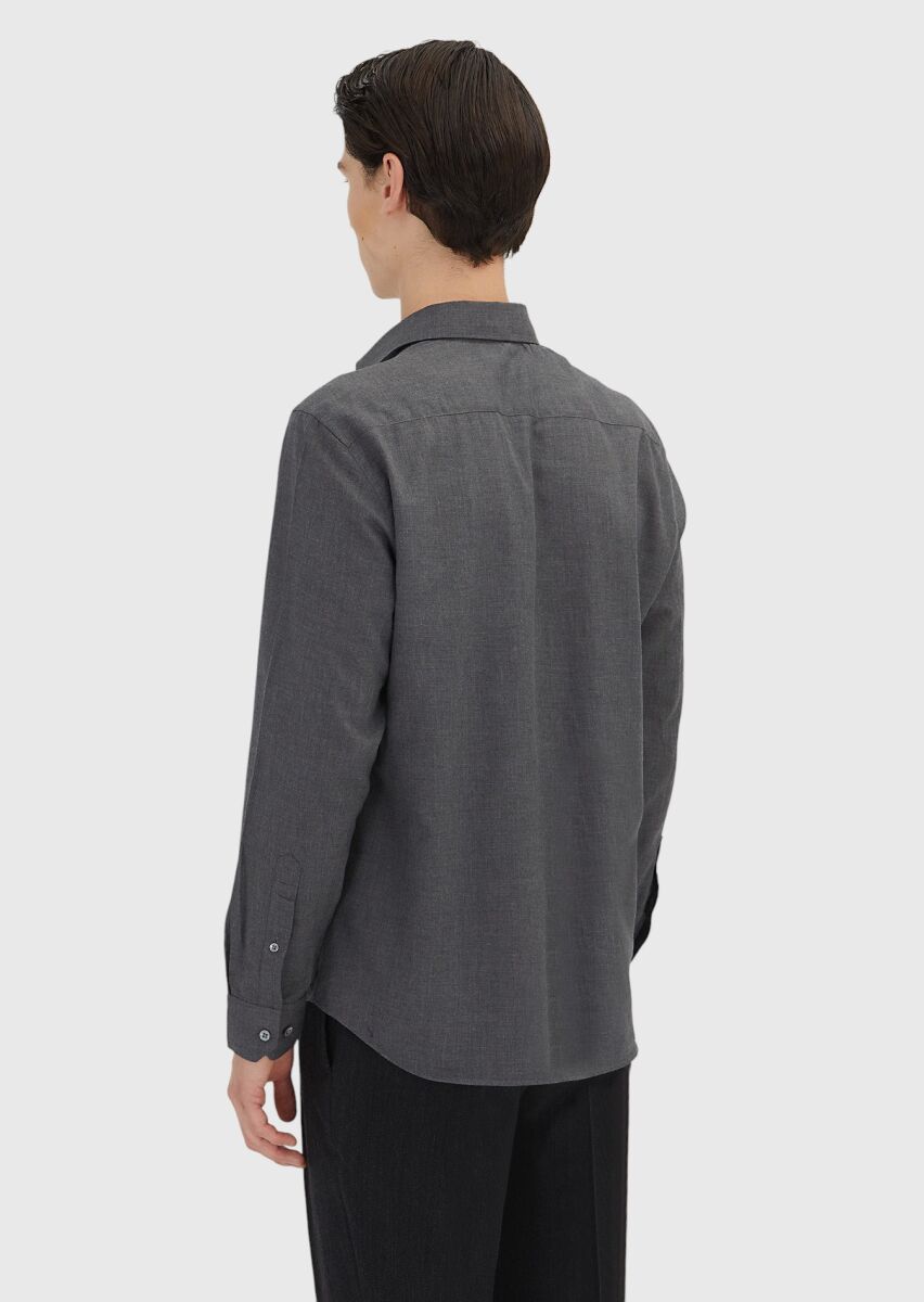 Antrasit Düz Casual Fit Uzun Dokuma Casual %100 Pamuk Gömlek - 5