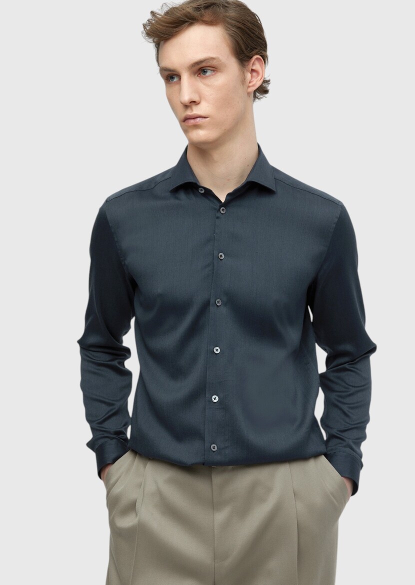 Antrasit Düz Casual Fit Uzun Dokuma Casual İpek Karışımlı Gömlek - 1