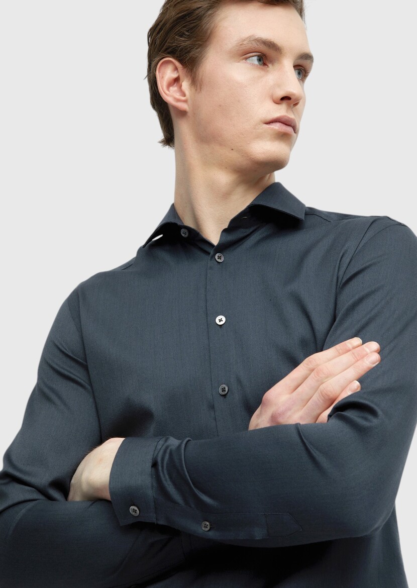 Antrasit Düz Casual Fit Uzun Dokuma Casual İpek Karışımlı Gömlek - 3