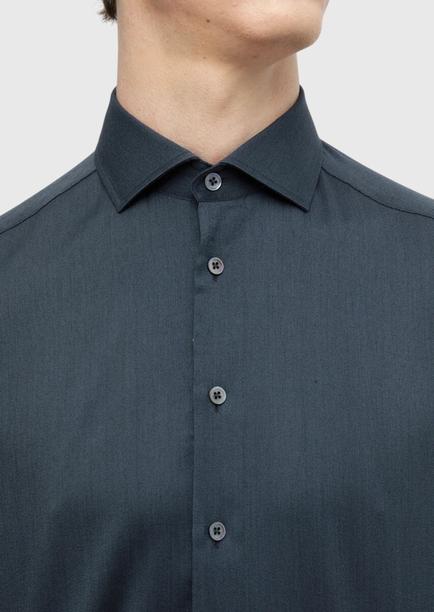 Antrasit Düz Casual Fit Uzun Dokuma Casual İpek Karışımlı Gömlek - 5