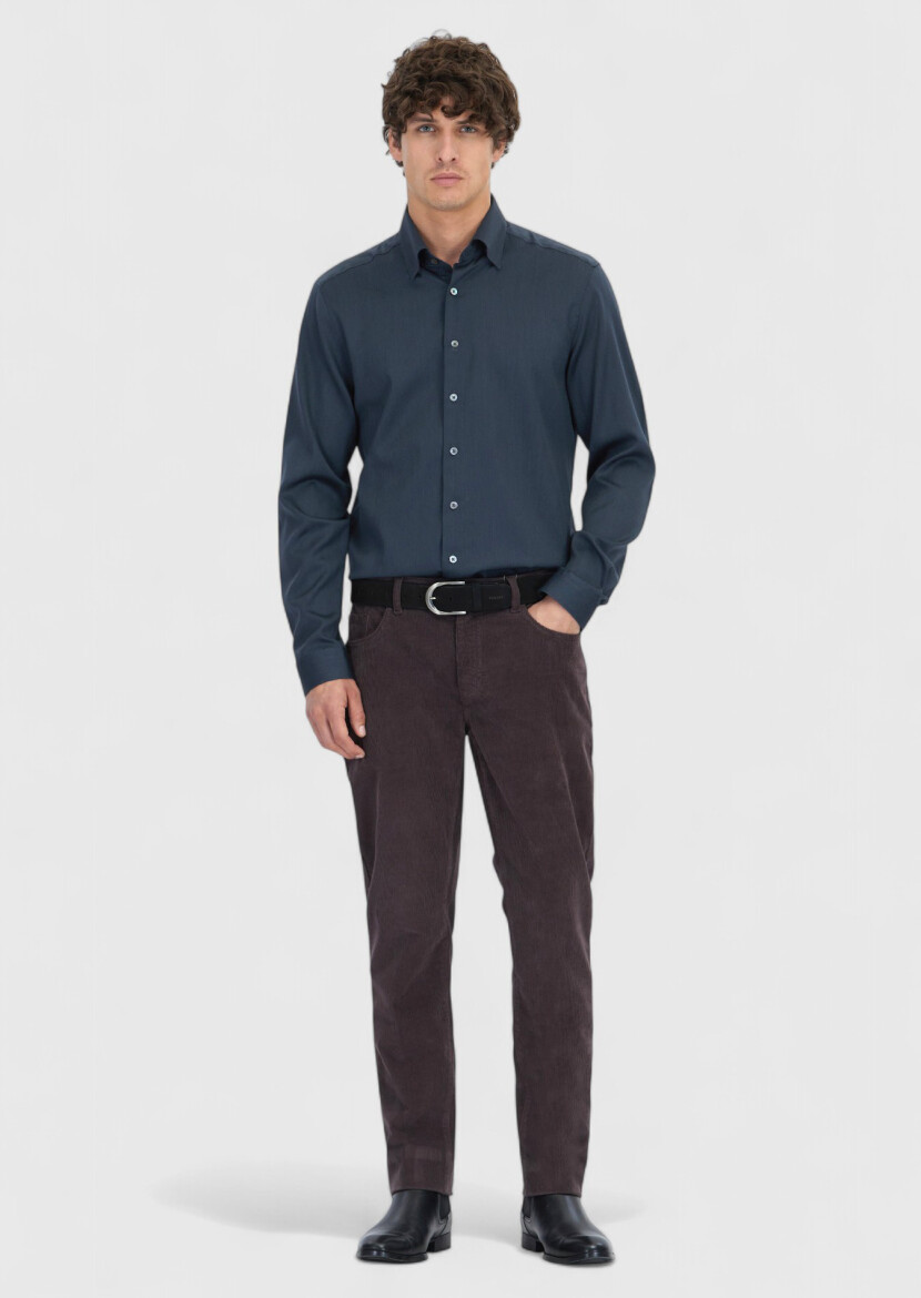 Antrasit Düz Casual Fit Uzun Dokuma Casual İpek Karışımlı Gömlek 