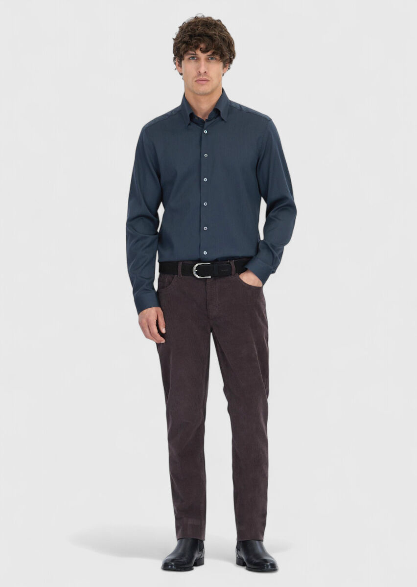 Antrasit Düz Casual Fit Uzun Dokuma Casual İpek Karışımlı Gömlek - 2