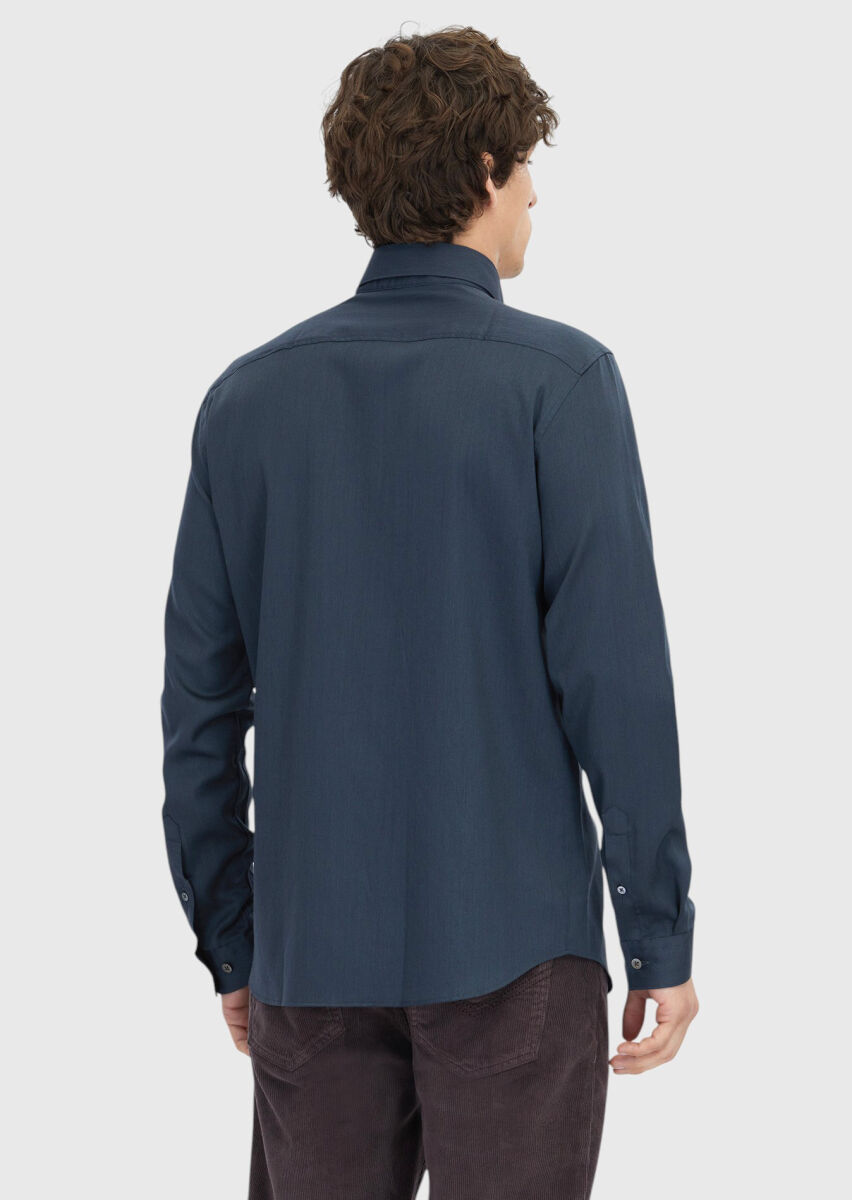 Antrasit Düz Casual Fit Uzun Dokuma Casual İpek Karışımlı Gömlek - 6