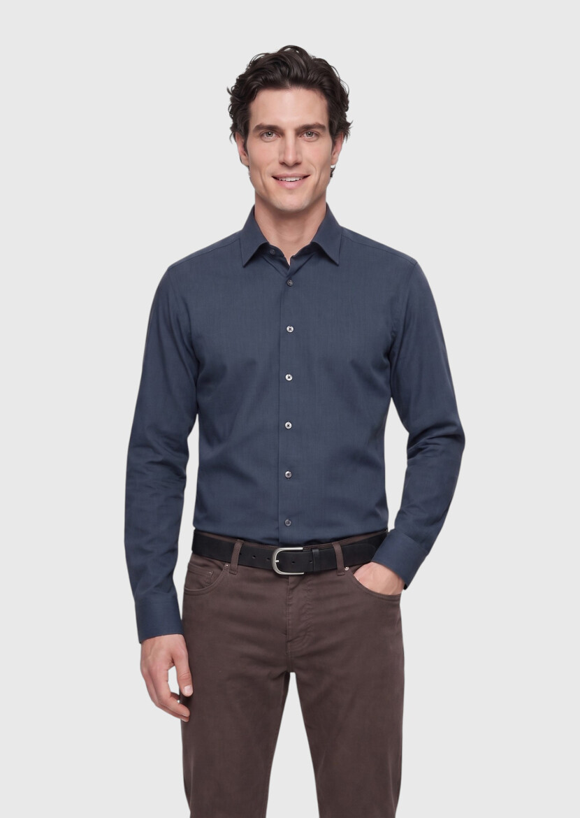 Antrasit Düz Casual Fit Uzun Dokuma Casual İpek Karışımlı Gömlek 