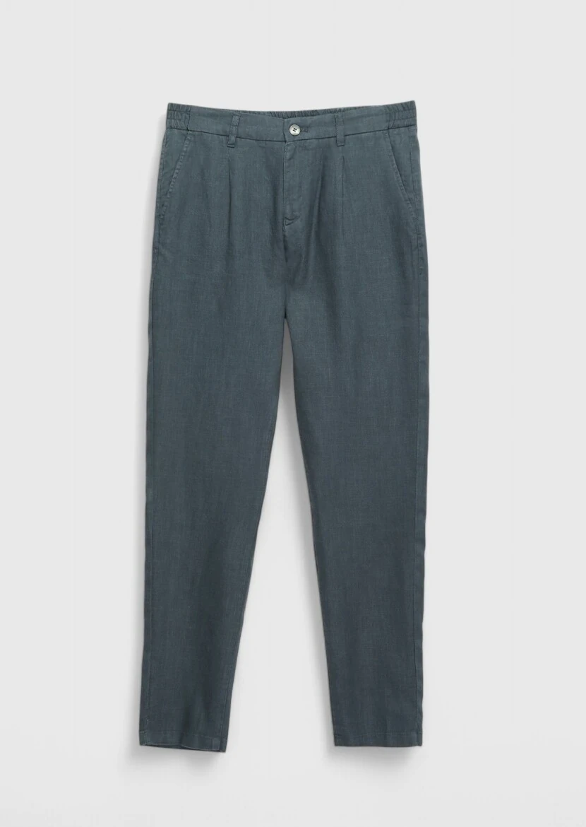 Antrasit Düz Dokuma Jogging Fit Casual %100 Keten Pantolon - 6