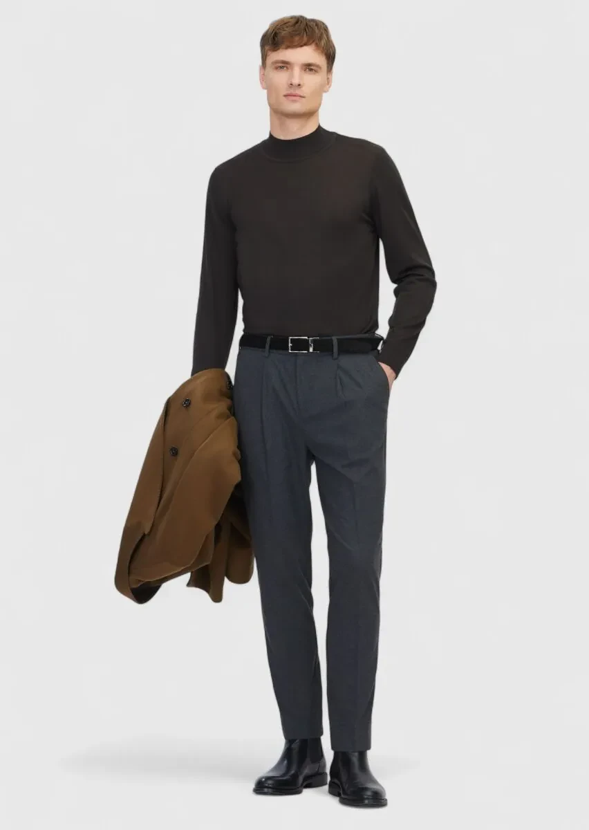 Antrasit Düz Dokuma Modern Fit Casual Pantolon - 1