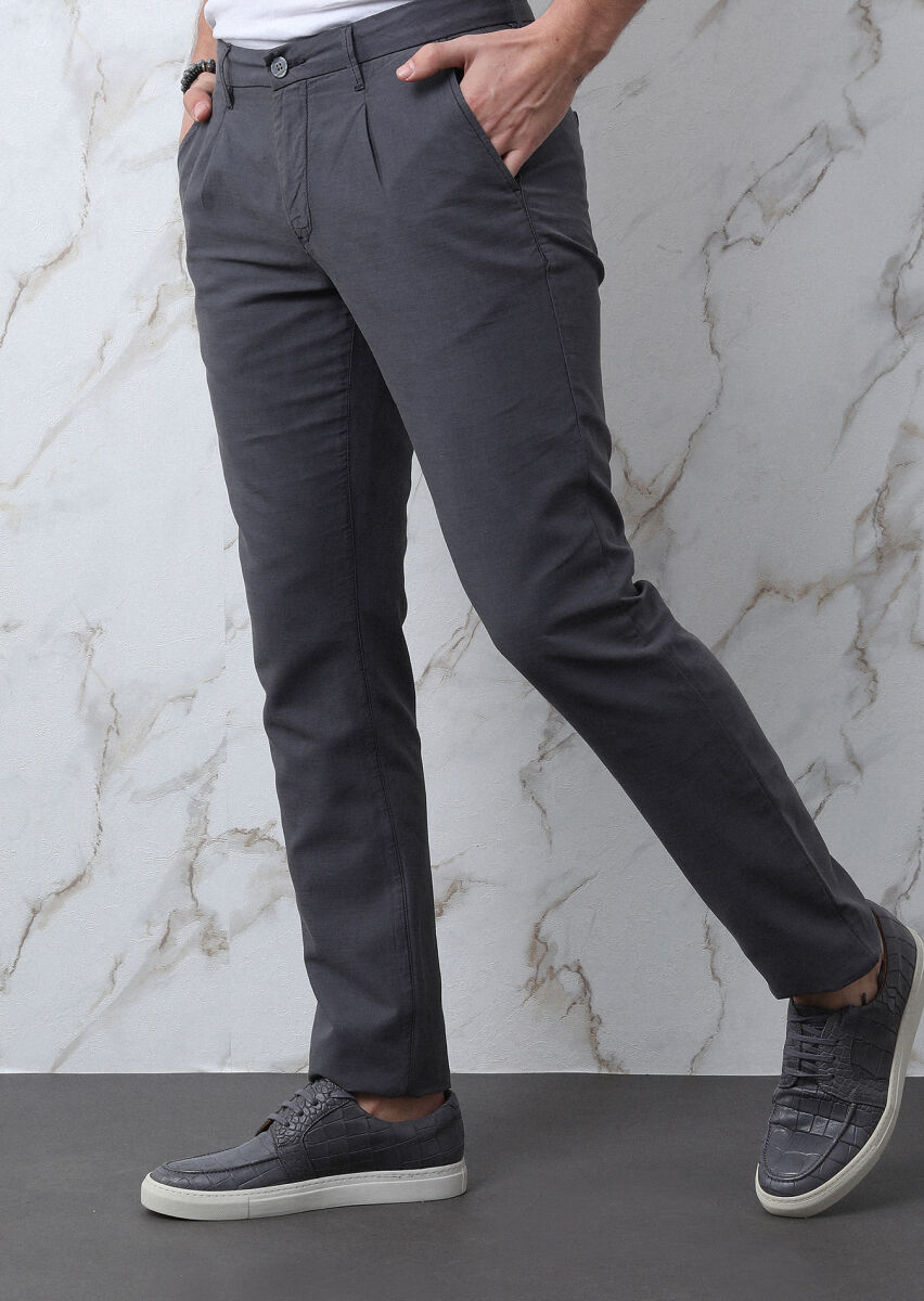 Antrasit Düz Dokuma Regular Fit Casual Pamuk Karışımlı Pantolon - 1