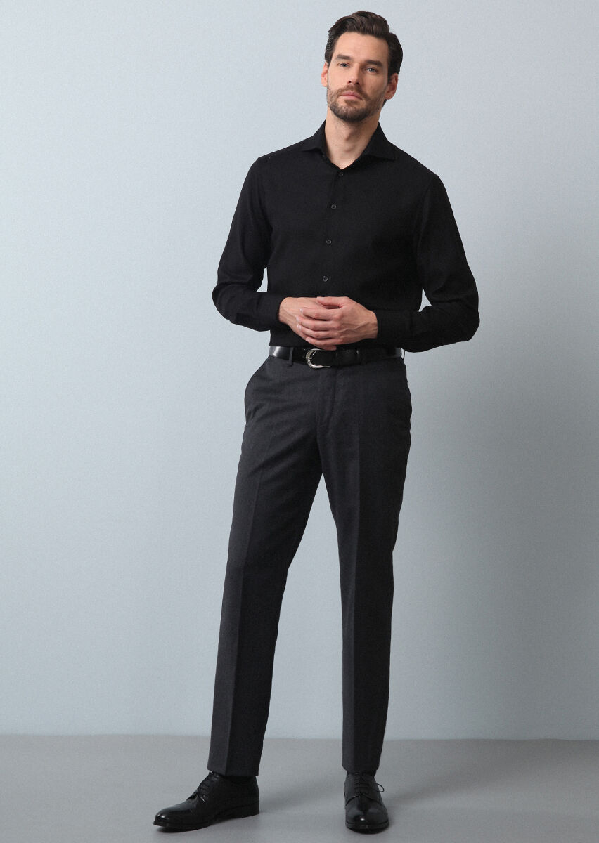 Antrasit Düz Dokuma Regular Fit Klasik %100 Yün Pantolon - 4