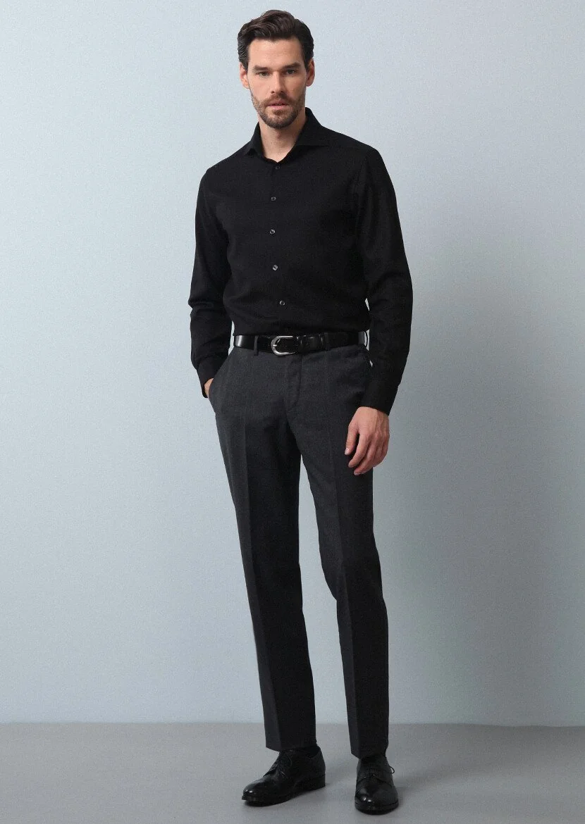 Antrasit Düz Dokuma Regular Fit Klasik %100 Yün Pantolon - 1