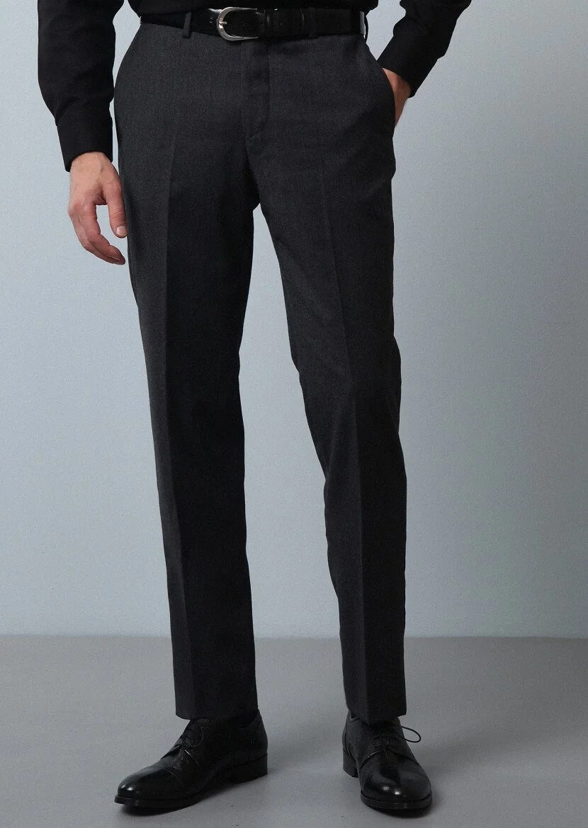 Antrasit Düz Dokuma Regular Fit Klasik %100 Yün Pantolon - 2