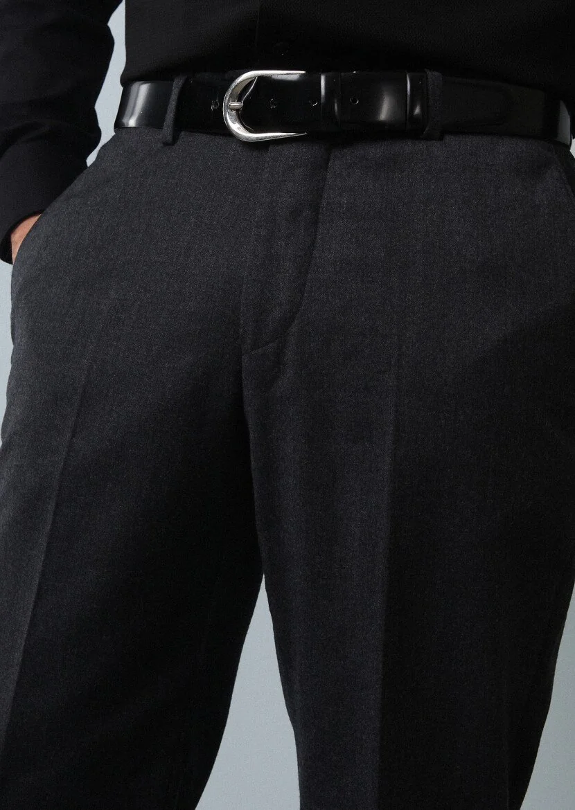 Antrasit Düz Dokuma Regular Fit Klasik %100 Yün Pantolon - 3