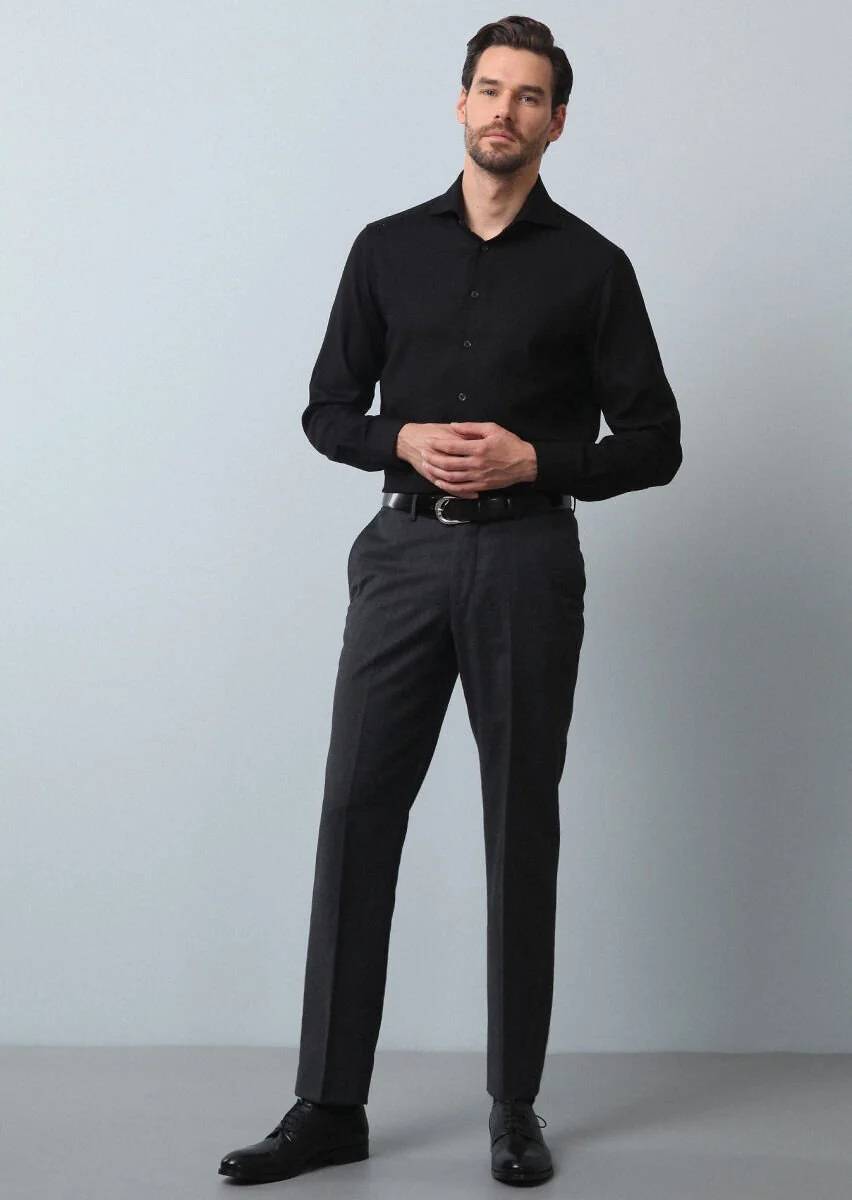 Antrasit Düz Dokuma Regular Fit Klasik %100 Yün Pantolon - 4
