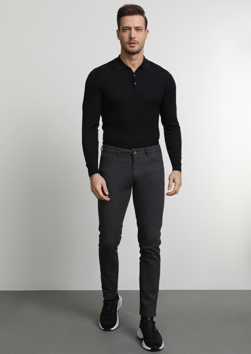 Antrasit Düz Dokuma Slim Fit Casual Pamuk Karışımlı Pantolon - 3