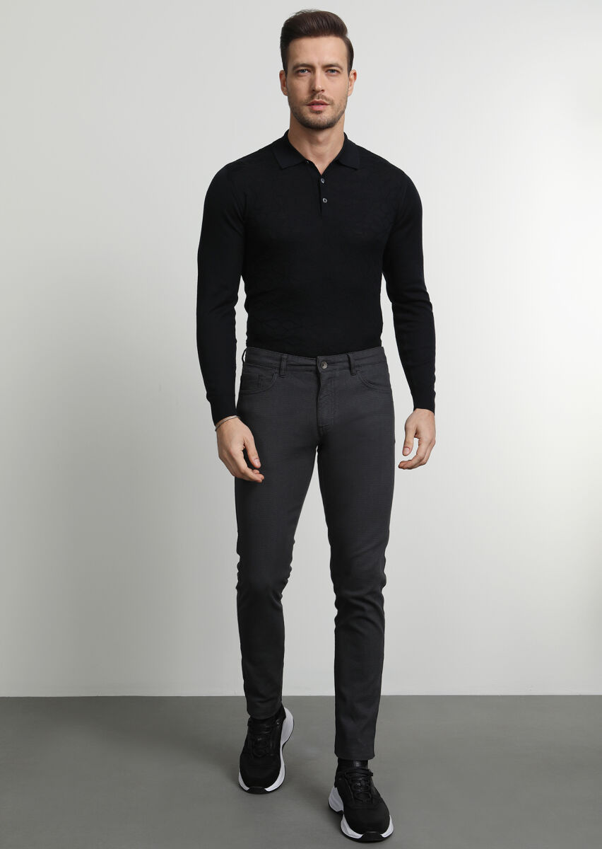 Antrasit Düz Dokuma Slim Fit Casual Pamuk Karışımlı Pantolon - 3