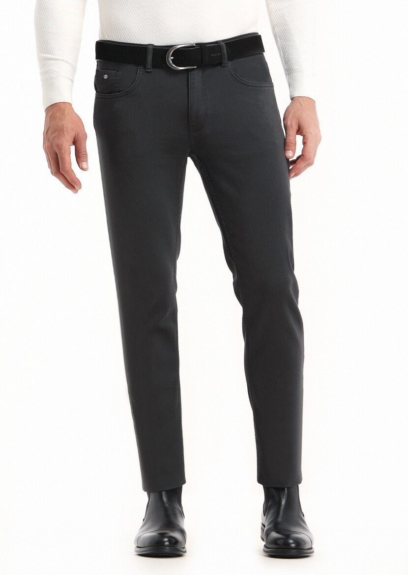Antrasit Düz Dokuma Slim Fit Casual Pamuk Karışımlı Pantolon - 2