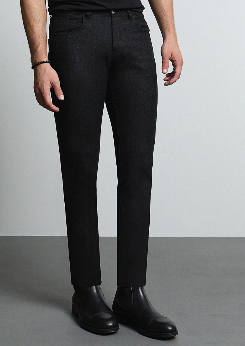 Antrasit Düz Kumaş Slim Fit Casual Yün Karışımlı Pantolon 