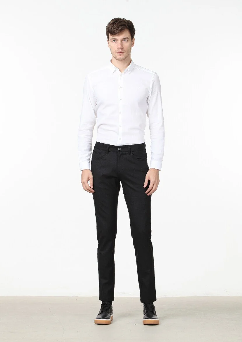 Antrasit Düz Kumaş Slim Fit Casual Yün Karışımlı Pantolon - 1
