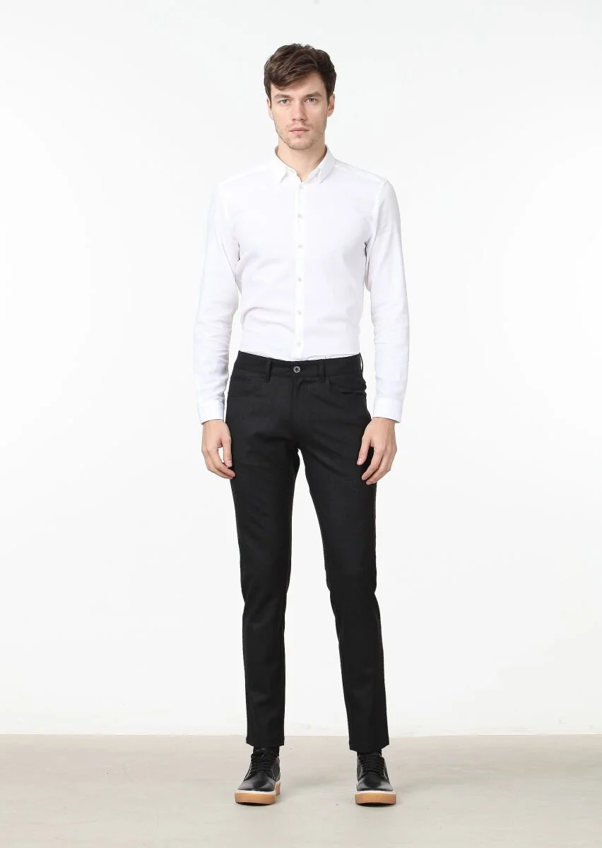Antrasit Düz Kumaş Slim Fit Casual Yün Karışımlı Pantolon - 1