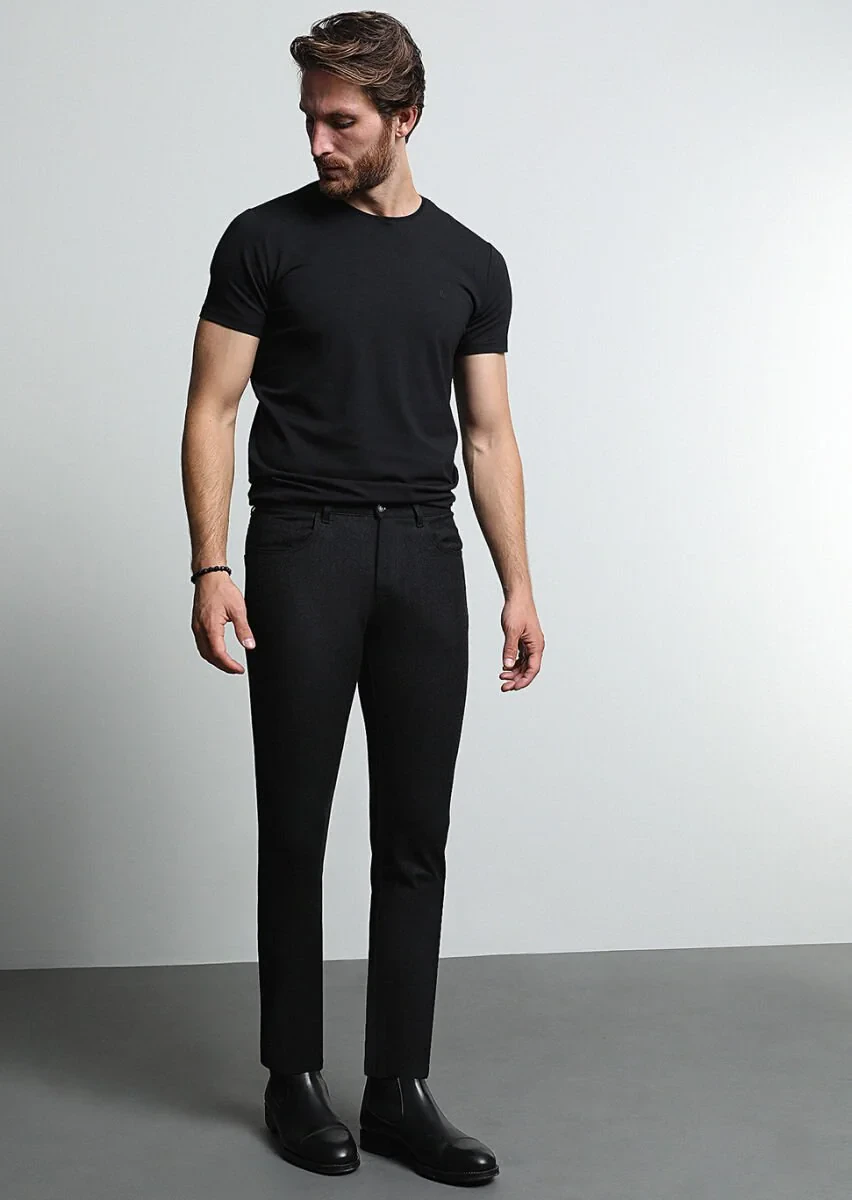 Antrasit Düz Kumaş Slim Fit Casual Yün Karışımlı Pantolon - 1