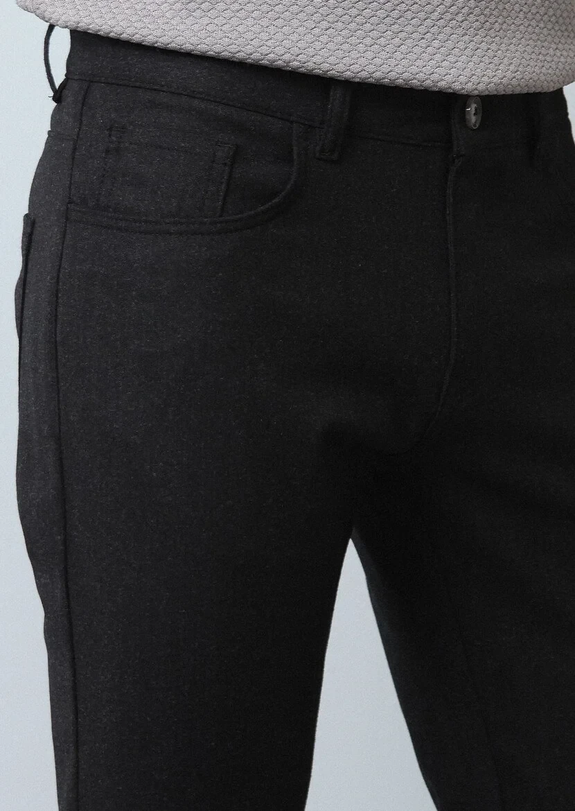 Antrasit Düz Kumaş Slim Fit Casual Yün Karışımlı Pantolon 
