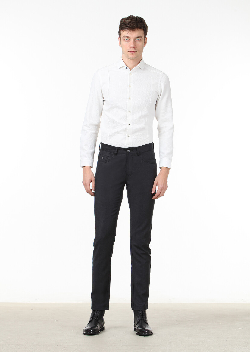 Antrasit Düz Kumaş Slim Fit Casual Yün Karışımlı Pantolon 