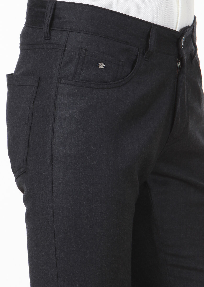 Antrasit Düz Kumaş Slim Fit Casual Yün Karışımlı Pantolon - 3