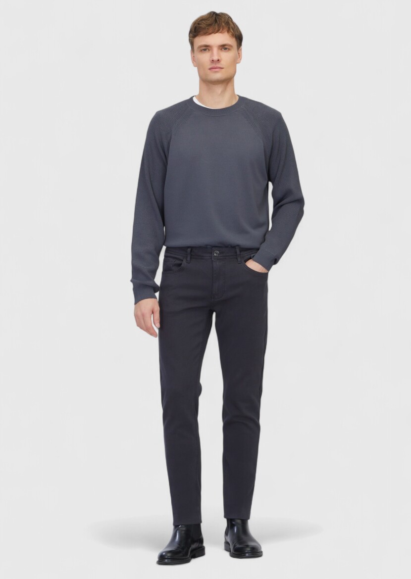 Antrasit Düz Örme Slim Fit Casual Pamuk Karışımlı Pantolon - 1