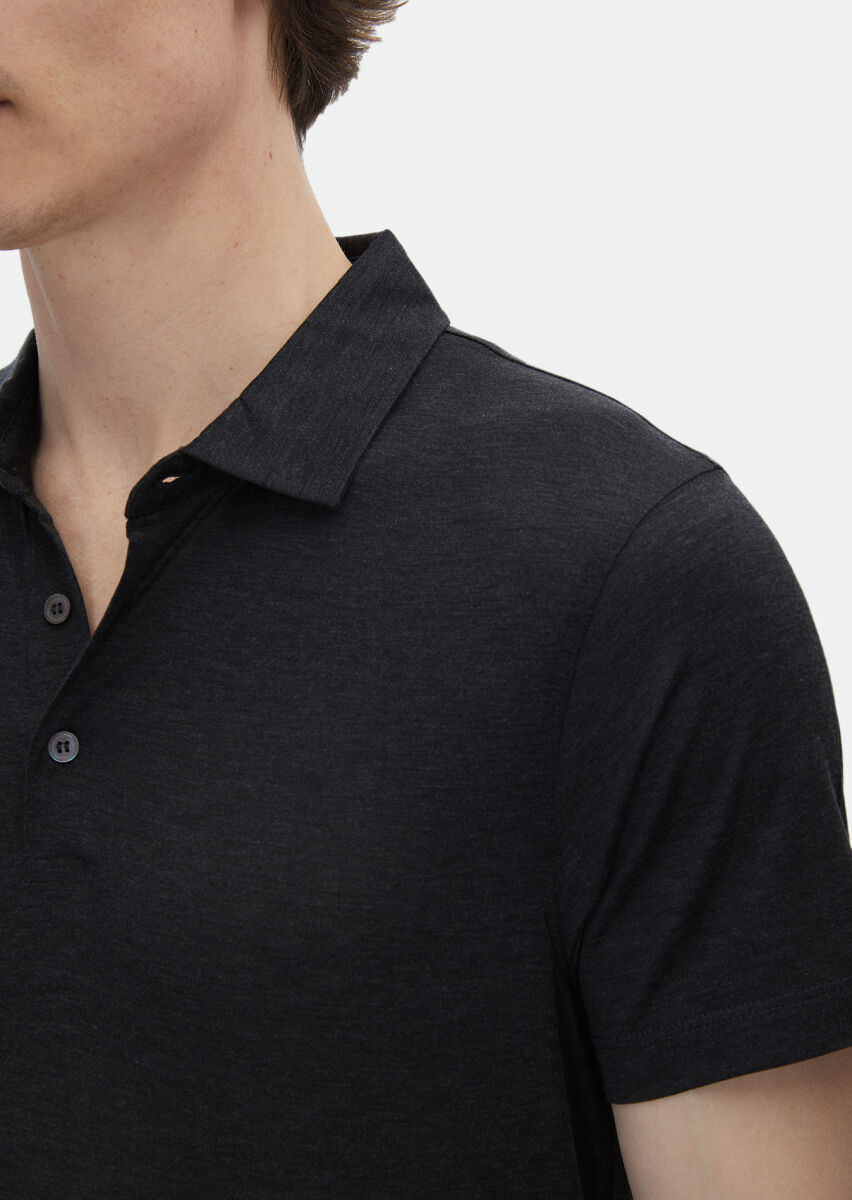 Antrasit Düz Polo Yaka İpek Karışımlı T-Shirt - 3