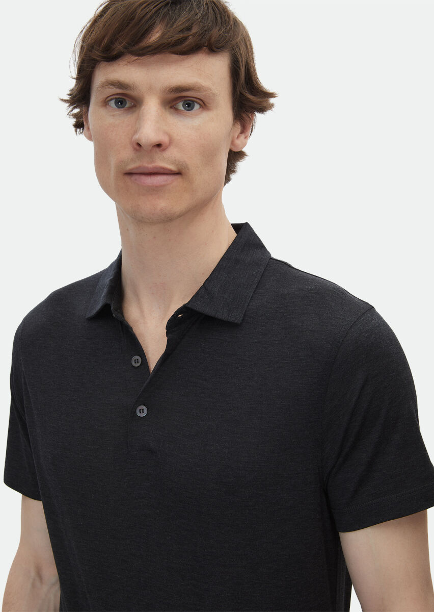 Antrasit Düz Polo Yaka İpek Karışımlı T-Shirt - 4