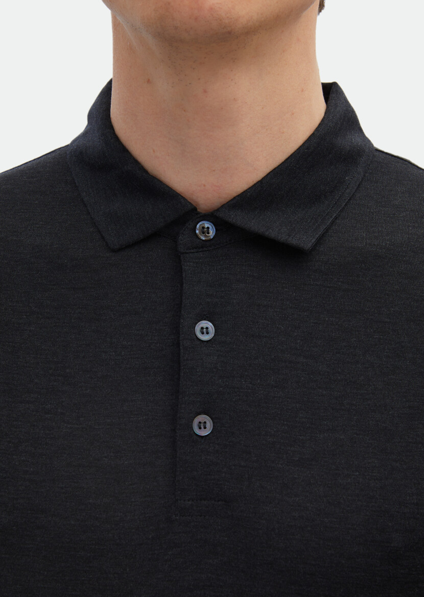 Antrasit Düz Polo Yaka İpek Karışımlı T-Shirt - 5
