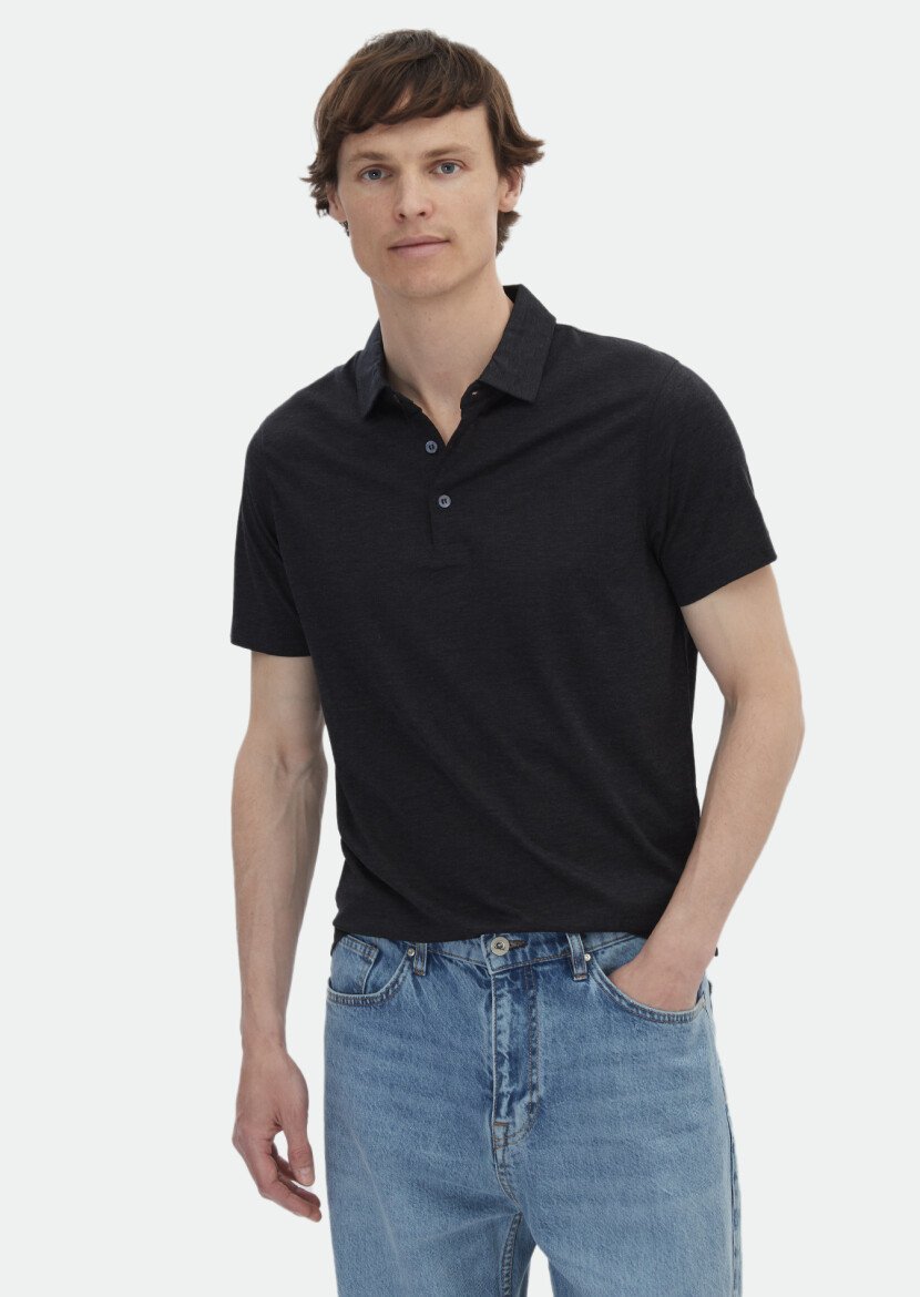 Antrasit Düz Polo Yaka İpek Karışımlı T-Shirt - 1