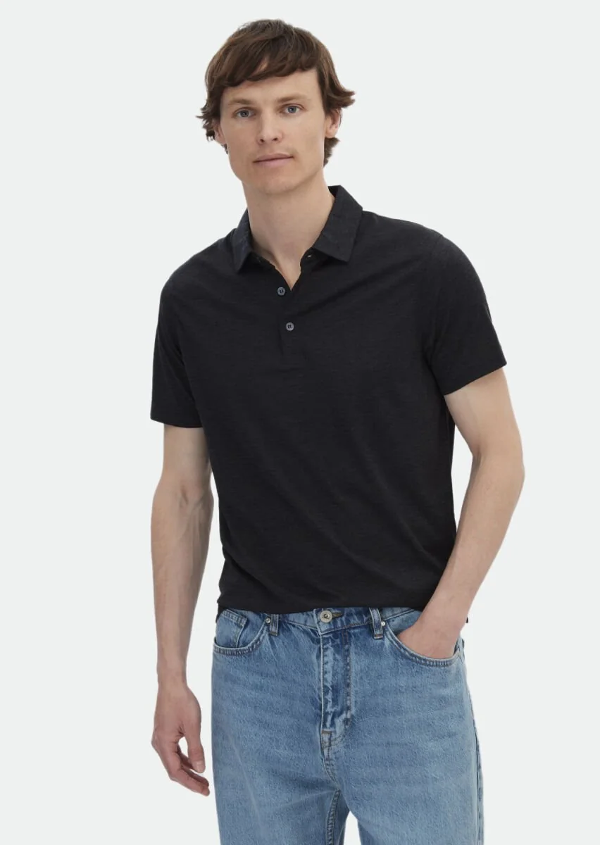 Antrasit Düz Polo Yaka İpek Karışımlı T-Shirt - 1