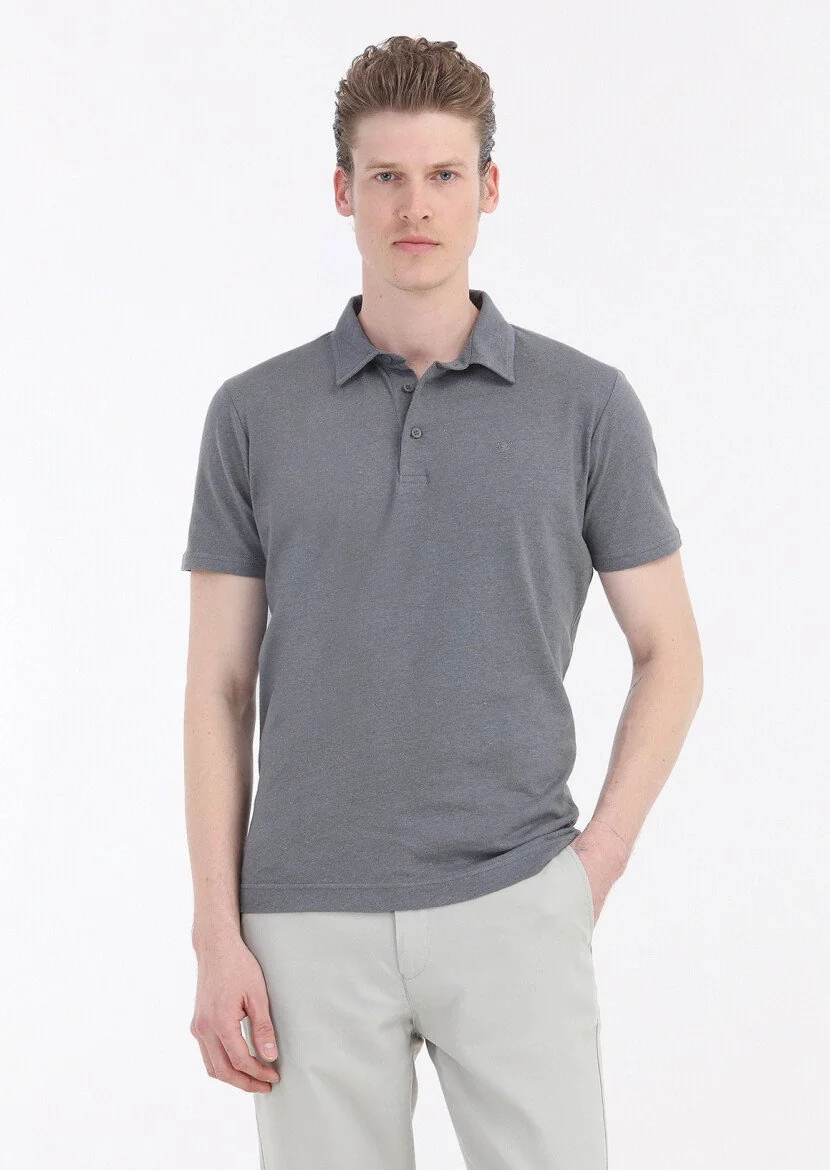 Antrasit Düz Polo Yaka Pamuk Karışımlı T-Shirt 