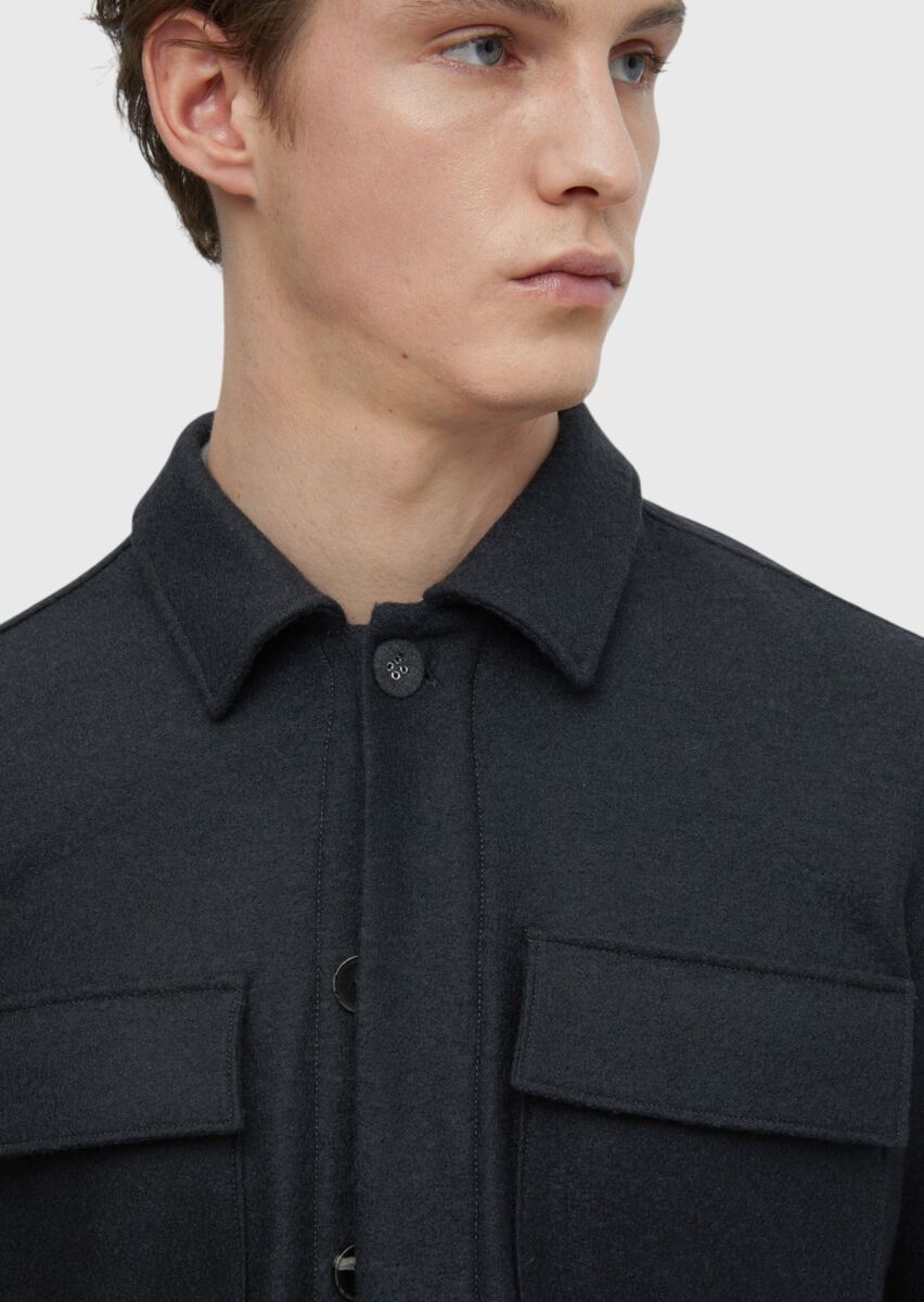 Antrasit Düz Regular Fit Uzun Dokuma %100 Yün Overshırt - 5