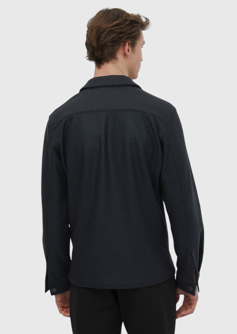 Antrasit Düz Regular Fit Uzun Dokuma %100 Yün Overshırt - 6