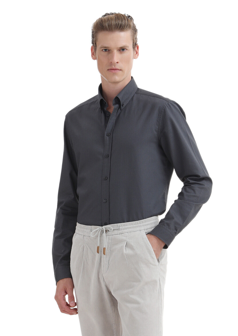 Antrasit Düz Regular Fit Uzun Dokuma Casual %100 Pamuk Gömlek - 3