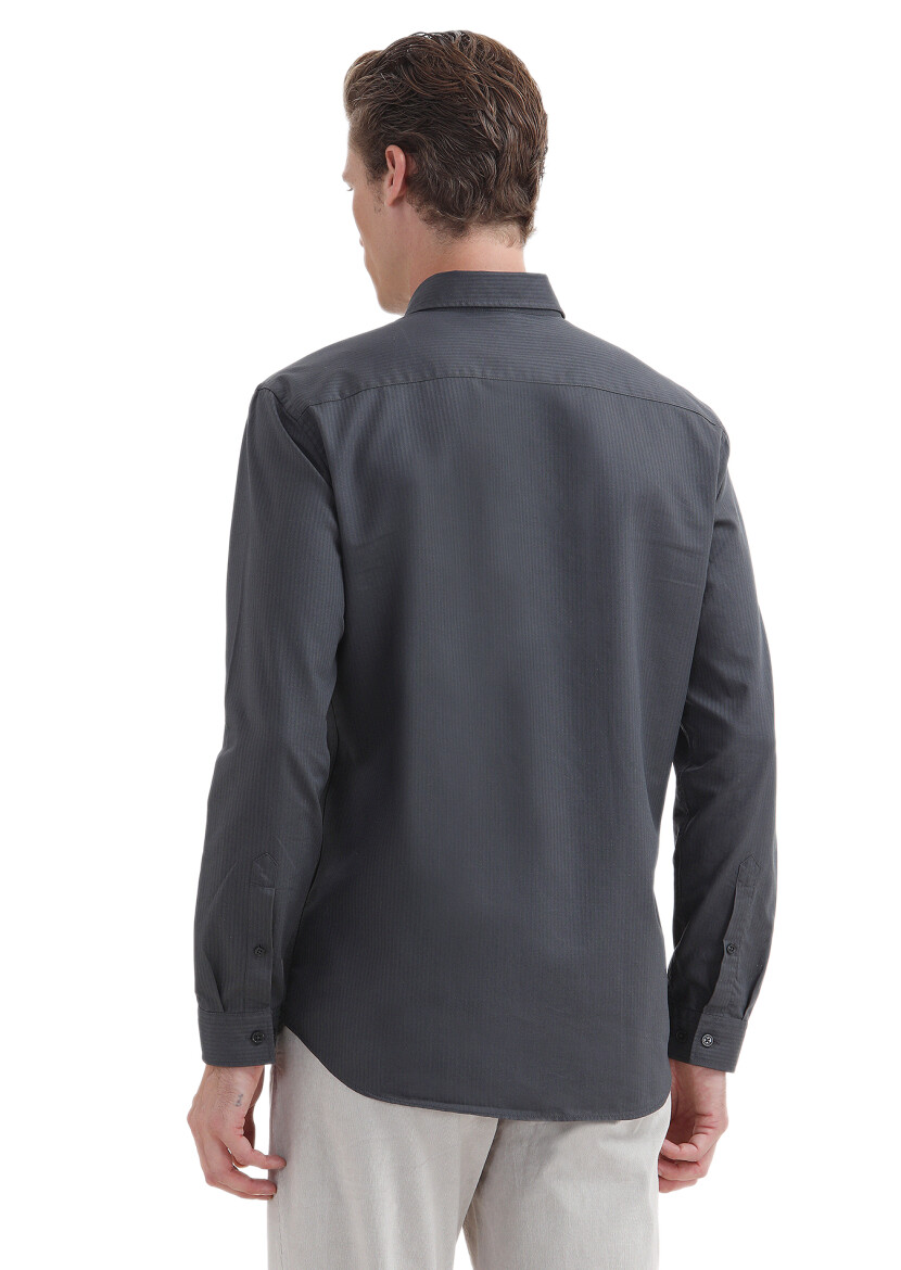 Antrasit Düz Regular Fit Uzun Dokuma Casual %100 Pamuk Gömlek - 5