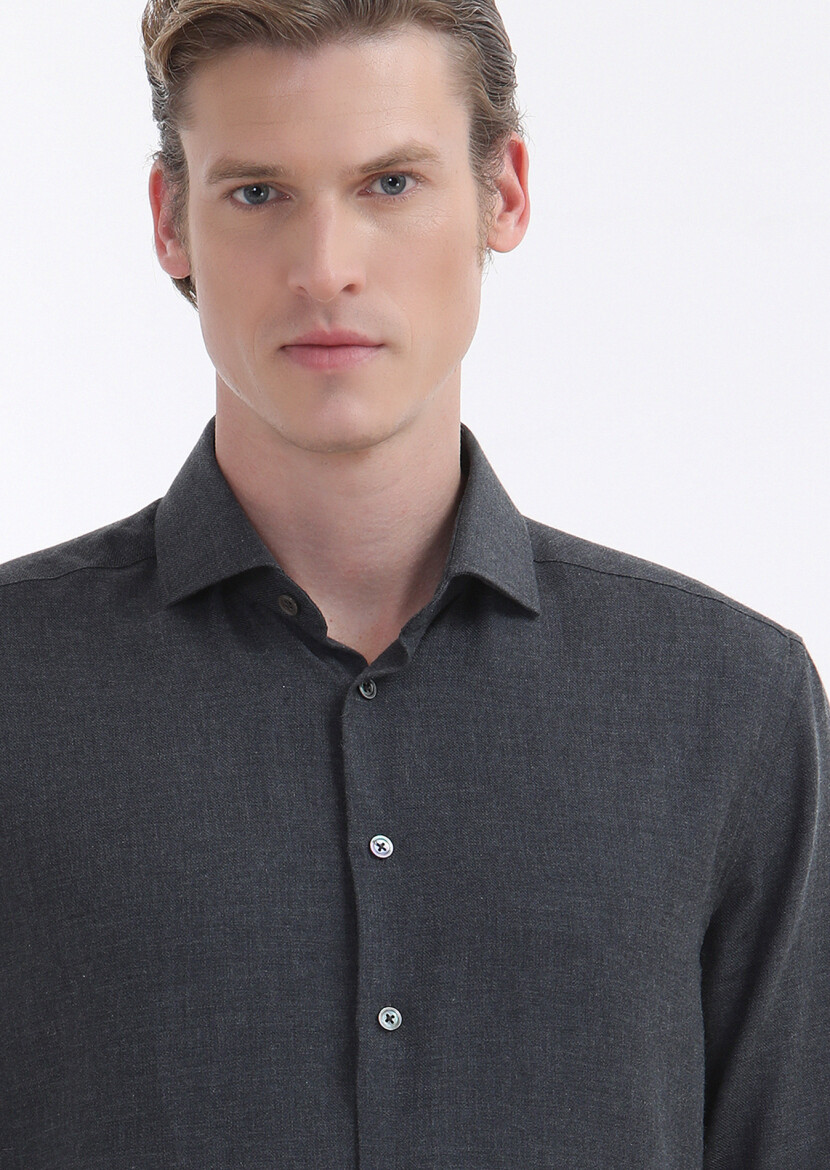 Antrasit Düz Regular Fit Uzun Dokuma Casual Pamuk Karışımlı Gömlek - 2
