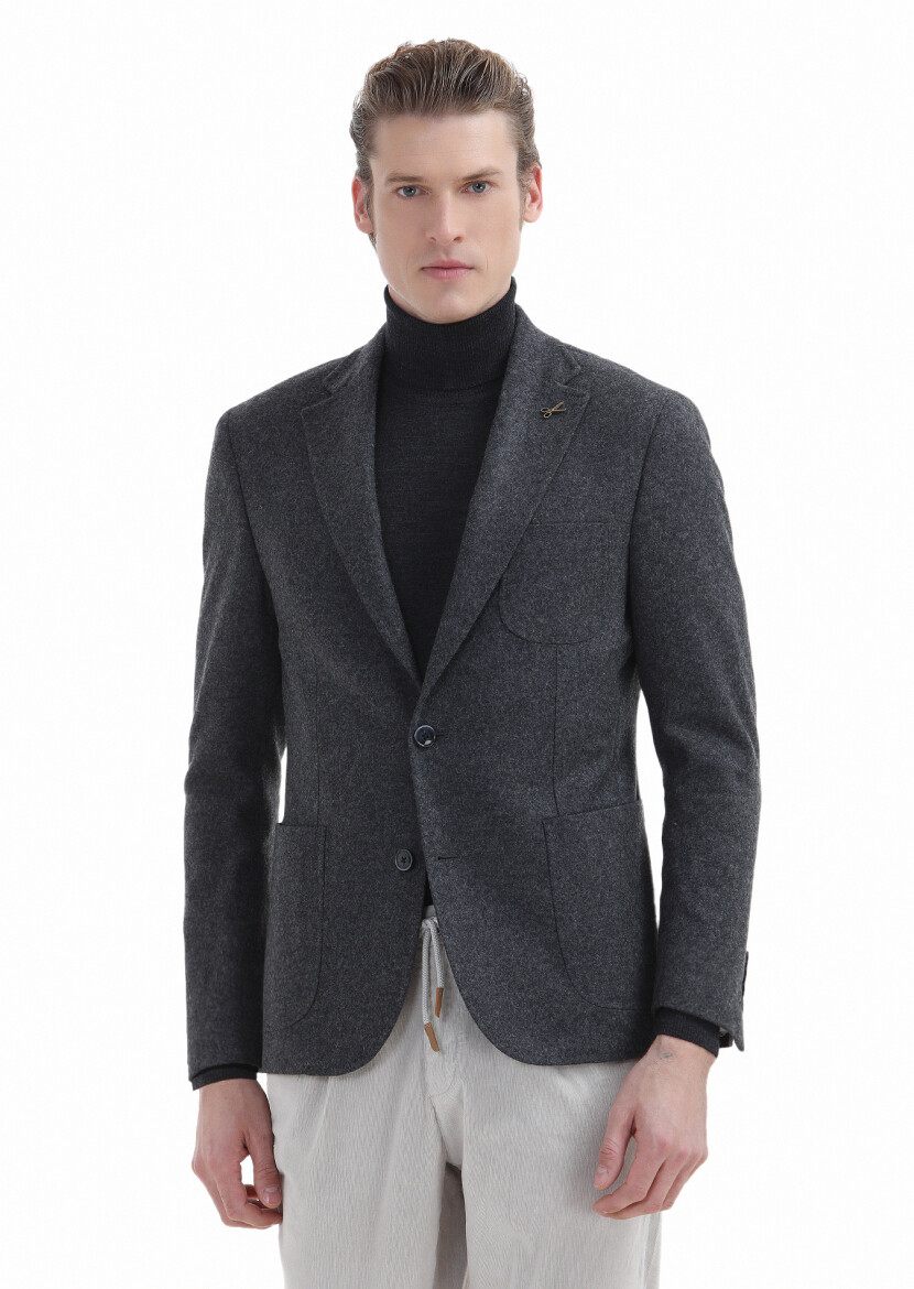 Antrasit Düz Shirt Shoulder Slim Fit Yün Karışımlı Örme Ceket - RAMSEY