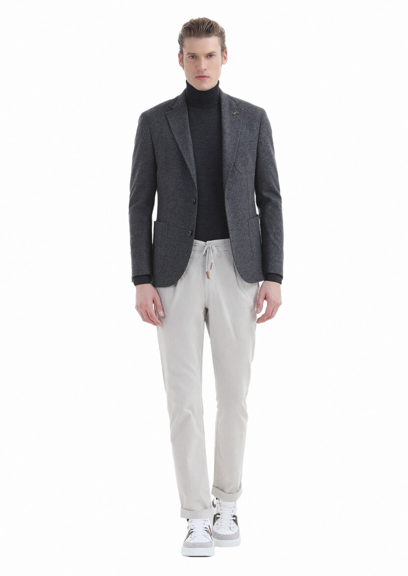 Antrasit Düz Shirt Shoulder Slim Fit Yün Karışımlı Örme Ceket 