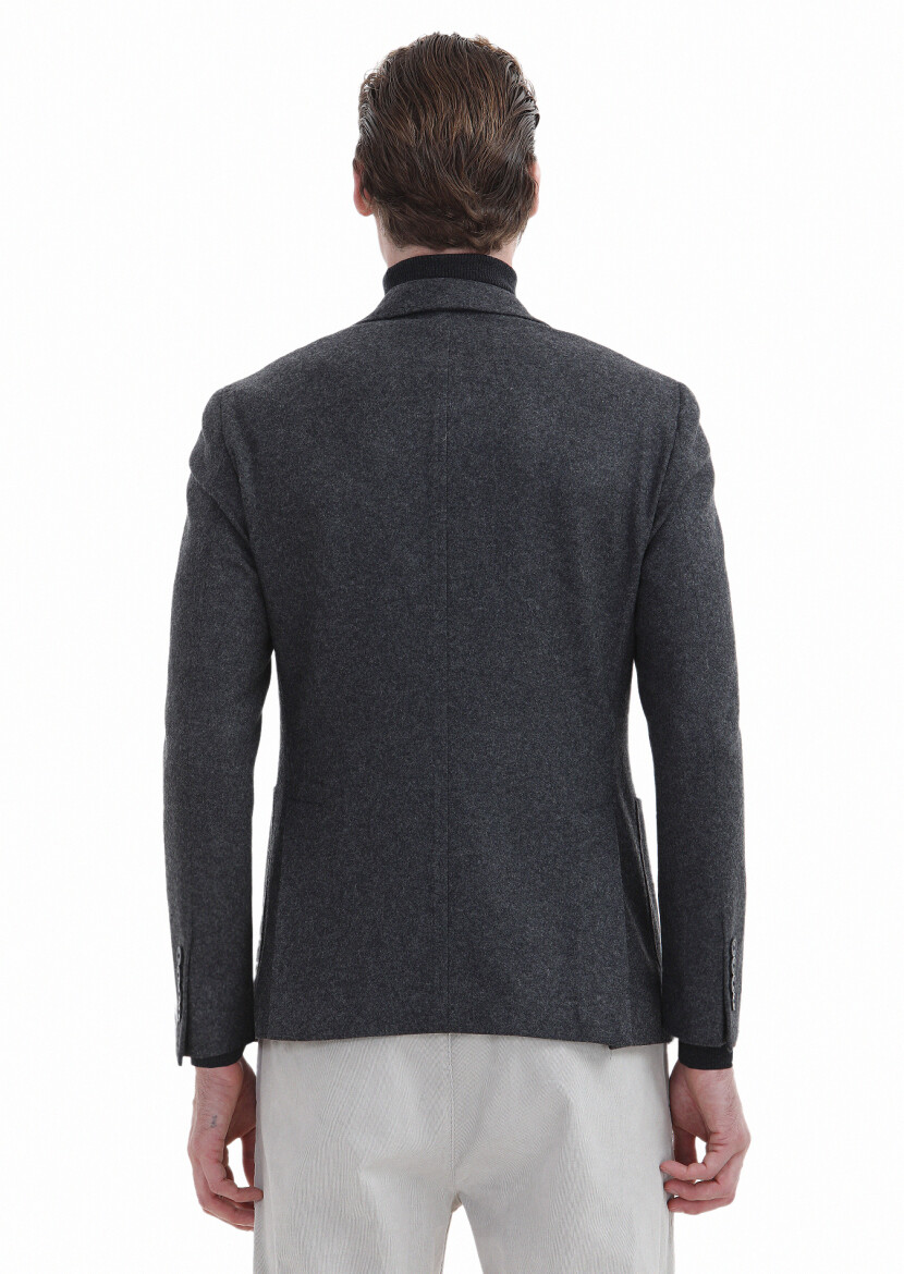 Antrasit Düz Shirt Shoulder Slim Fit Yün Karışımlı Örme Ceket - 4