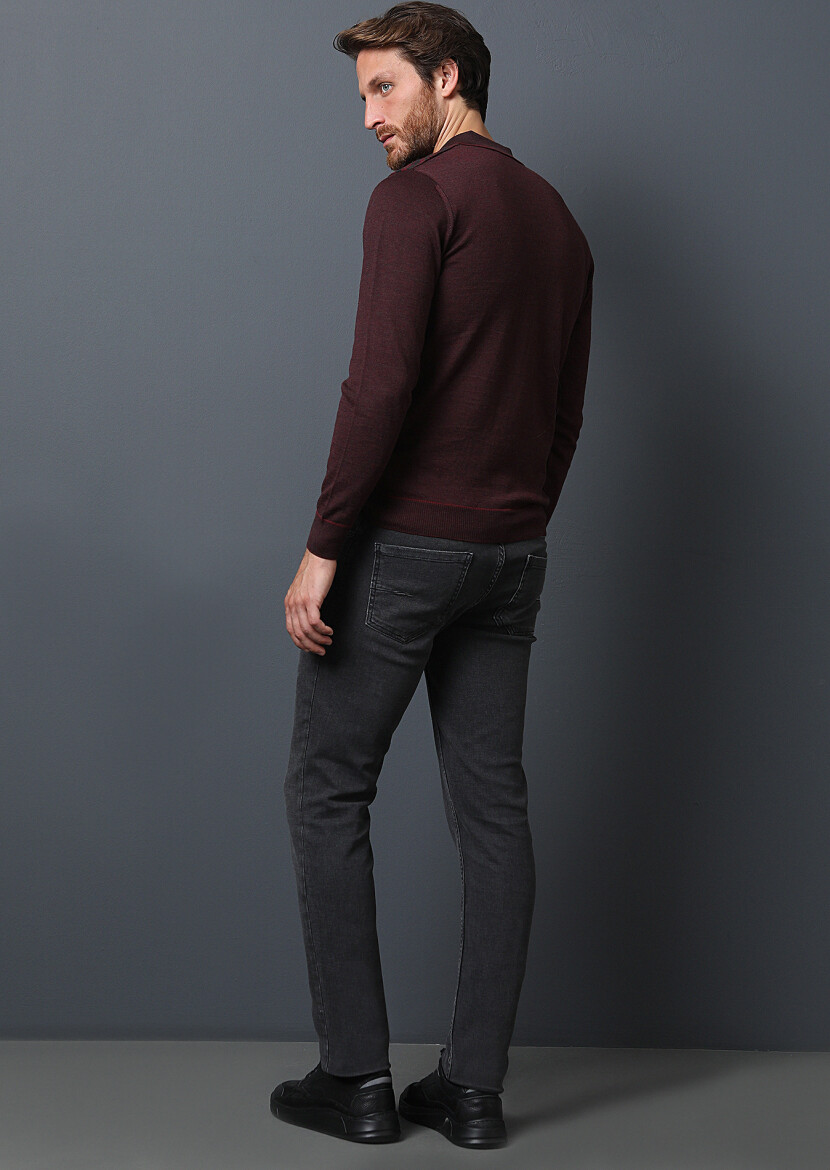 Antrasit Düz Slim Fit Denim Pamuk Karışımlı Pantolon - 5