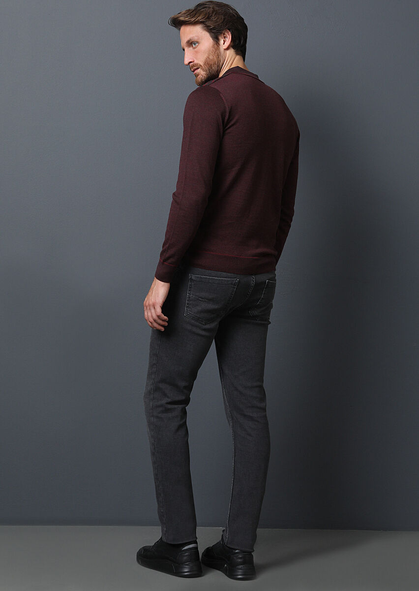 Antrasit Düz Slim Fit Denim Pamuk Karışımlı Pantolon - 5
