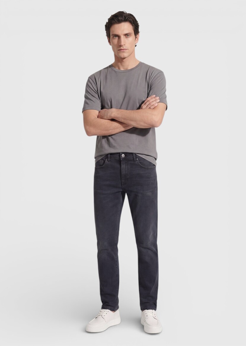Antrasit Düz Slim Fit Denim Pamuk Karışımlı Pantolon - 3