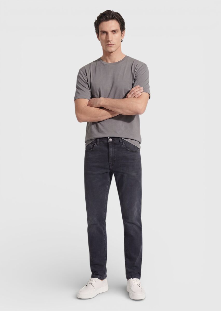 Antrasit Düz Slim Fit Denim Pamuk Karışımlı Pantolon - 3