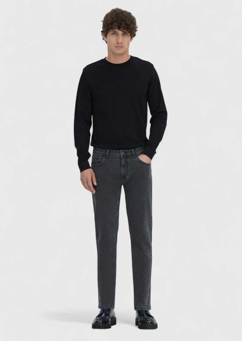 Antrasit Düz Slim Fit Denim Pamuk Karışımlı Pantolon - 1