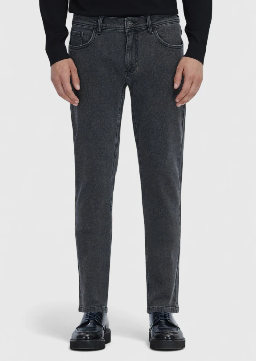 Antrasit Düz Slim Fit Denim Pamuk Karışımlı Pantolon - 2